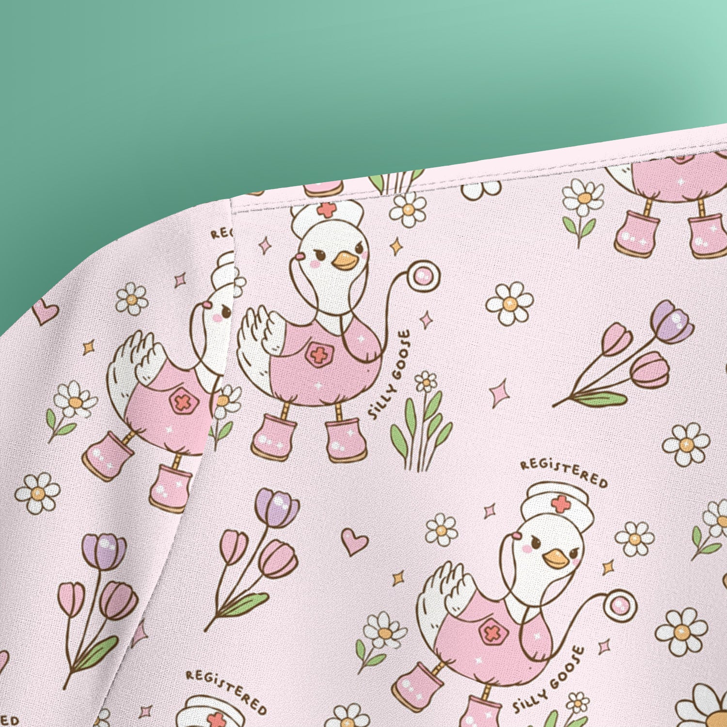 Funny Nurse Goose Daisy Print Scrub Top, Breathable Fabrics Nursing Uniform
