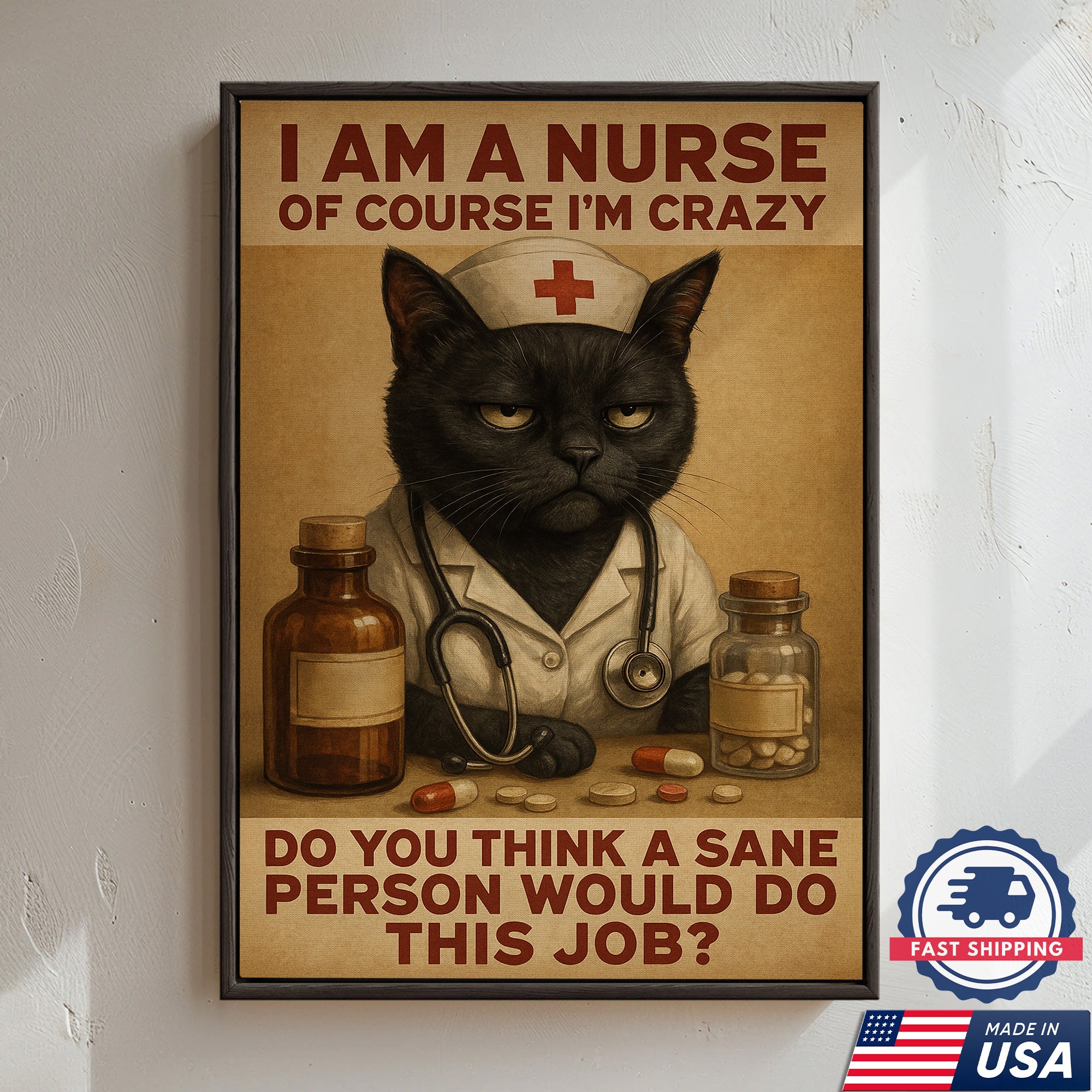 Funny Nurse Cat Wall Art Canvas, I Am a Nurse Of Course I‰Ûªm Crazy, Gift for RN CNA LPN Women
