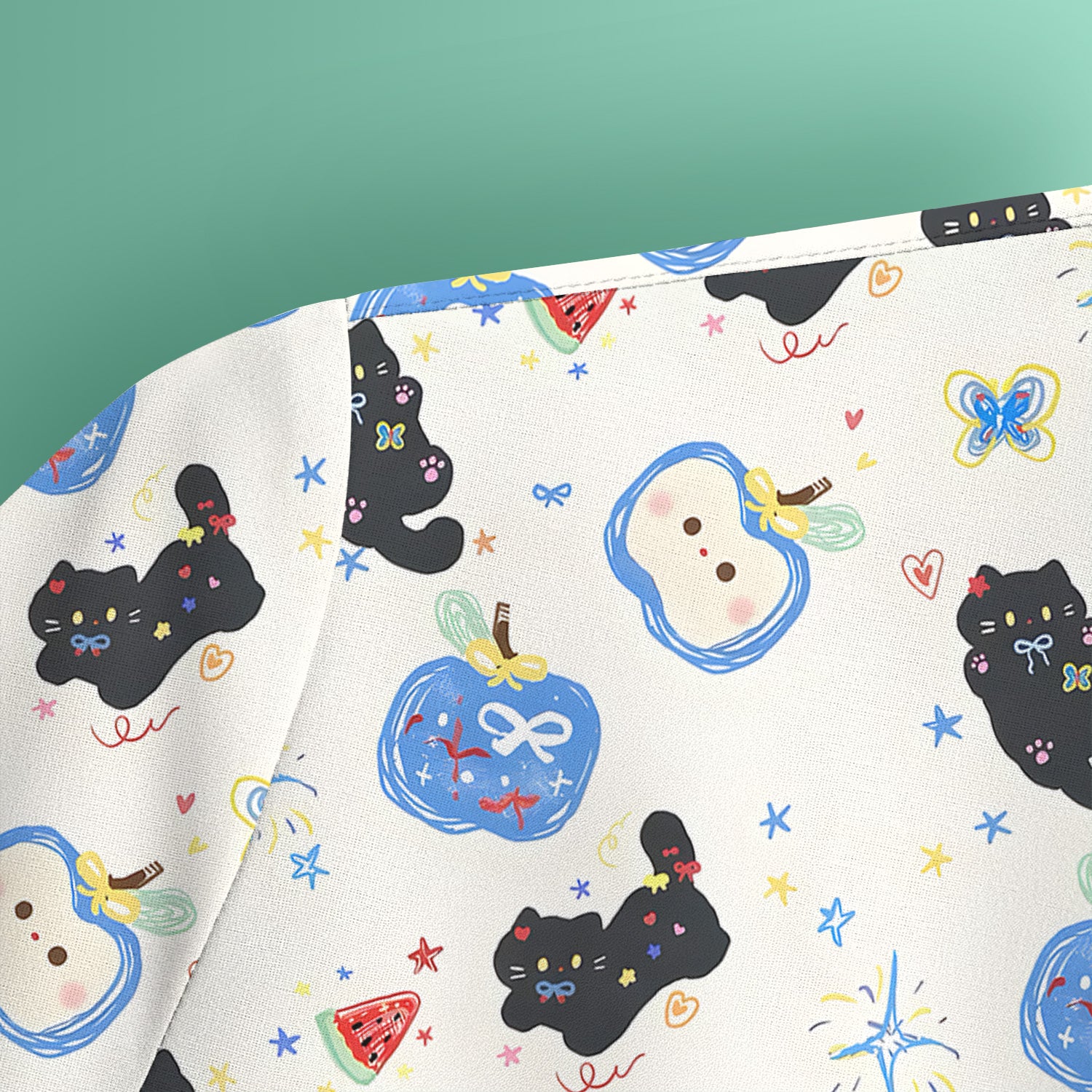 Cute Black Cat and Apple Print V Neck Scrub Top for Nurses
