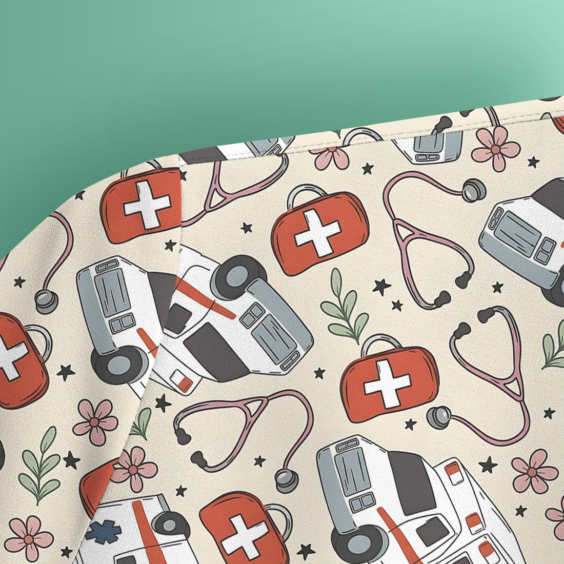 Ambulance Stethoscope First Aid Floral Pattern Scrub Top, Comfortable Scrubs for Nurses