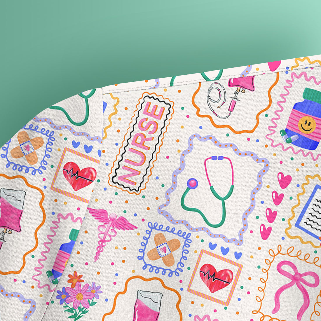 Colorful Nurse Medical Icon Pattern Scrub Top, Comfortable Scrubs for Nurses