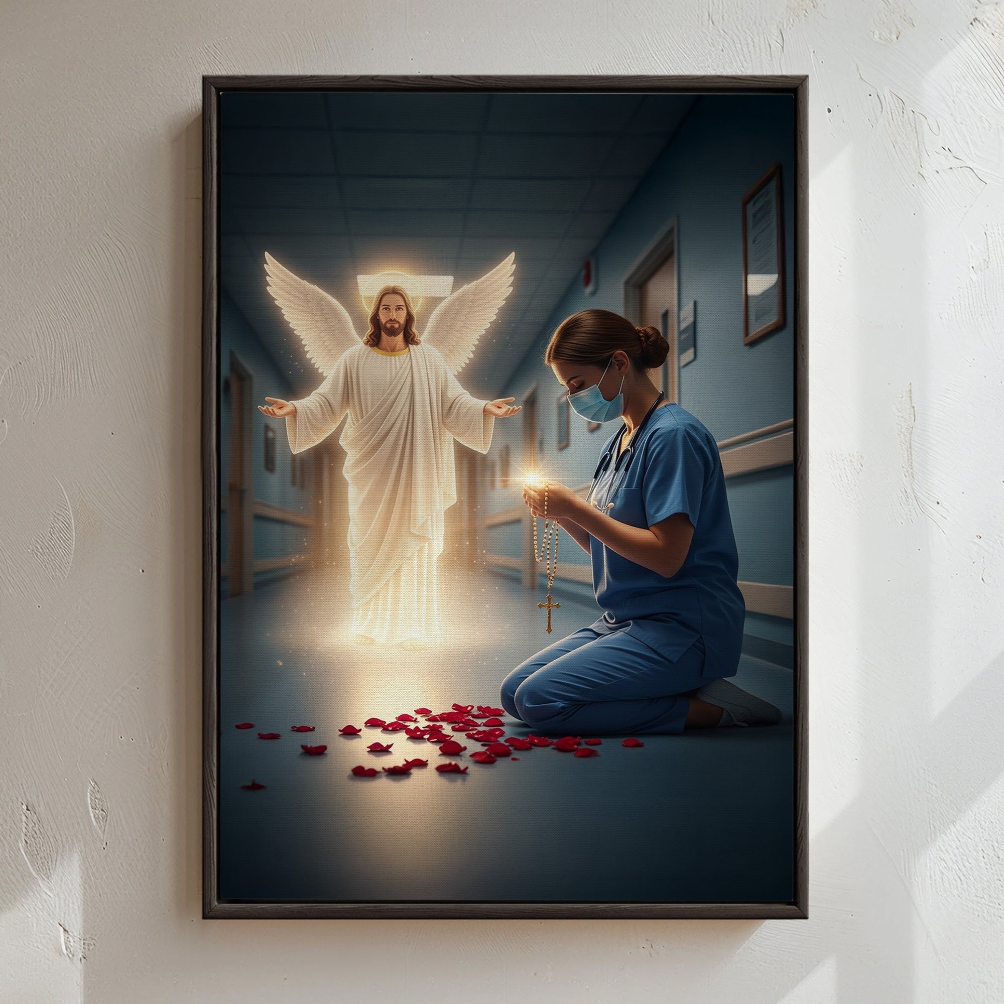 Christian Nurse Praying Canvas, Jesus Christ Angel and Nurse with Rosary Wall Art, RN LPN CNA Gift