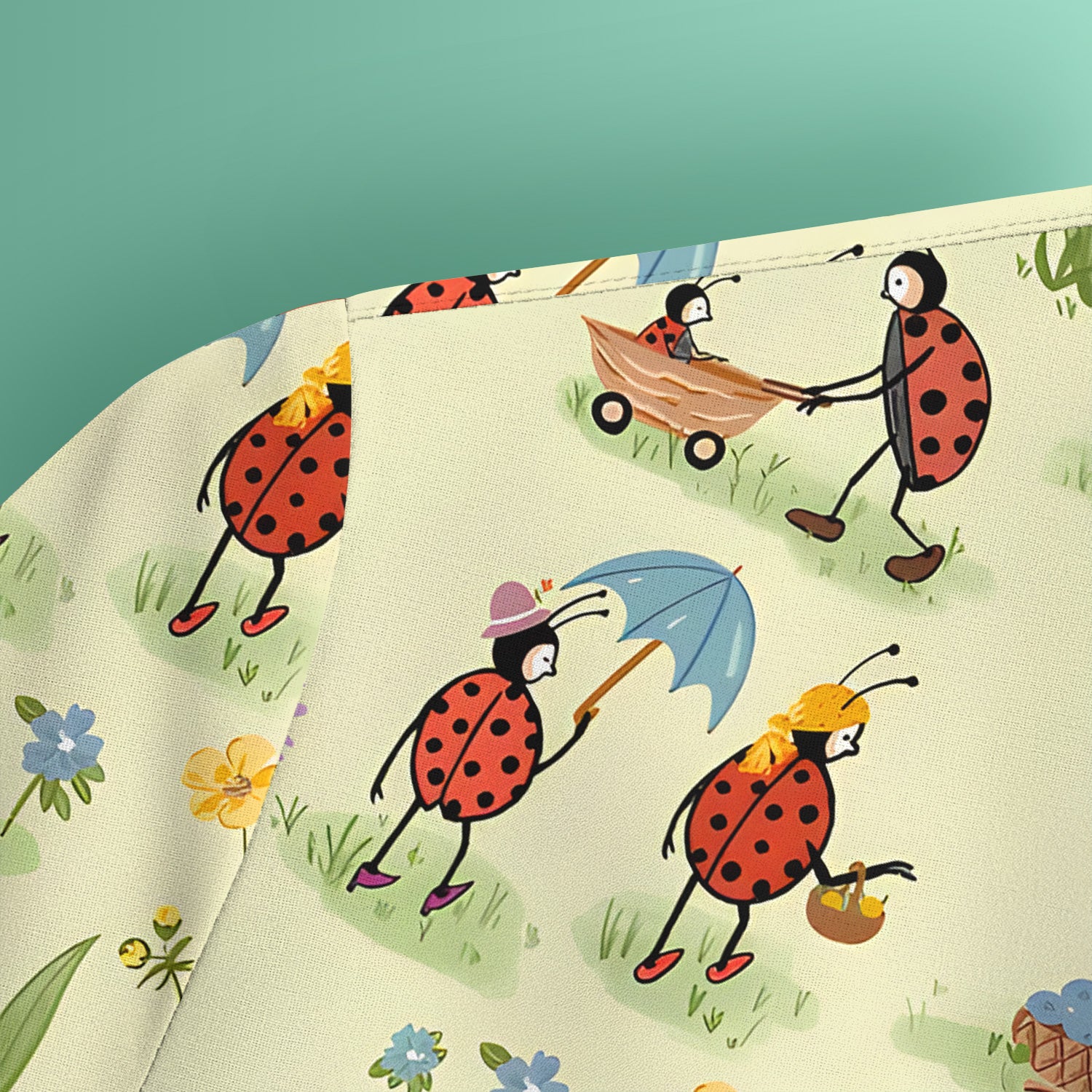 Whimsical Ladybug Garden Activity Pattern Scrub Top, Comfortable Scrubs For Nurses