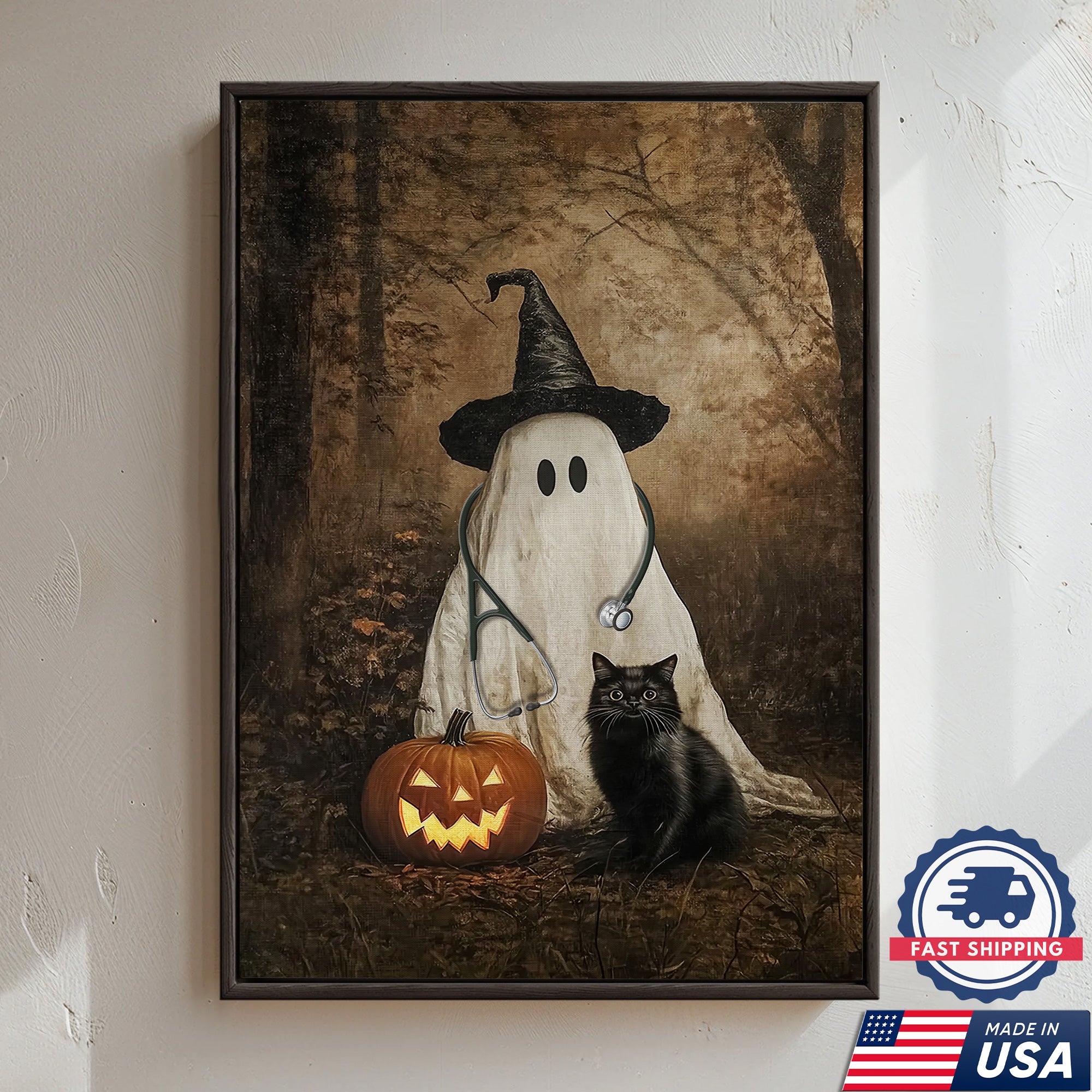Halloween Nurse Ghost Canvas, Spooky Pumpkin Black Cat Wall Art, RN LPN CNA Gift
