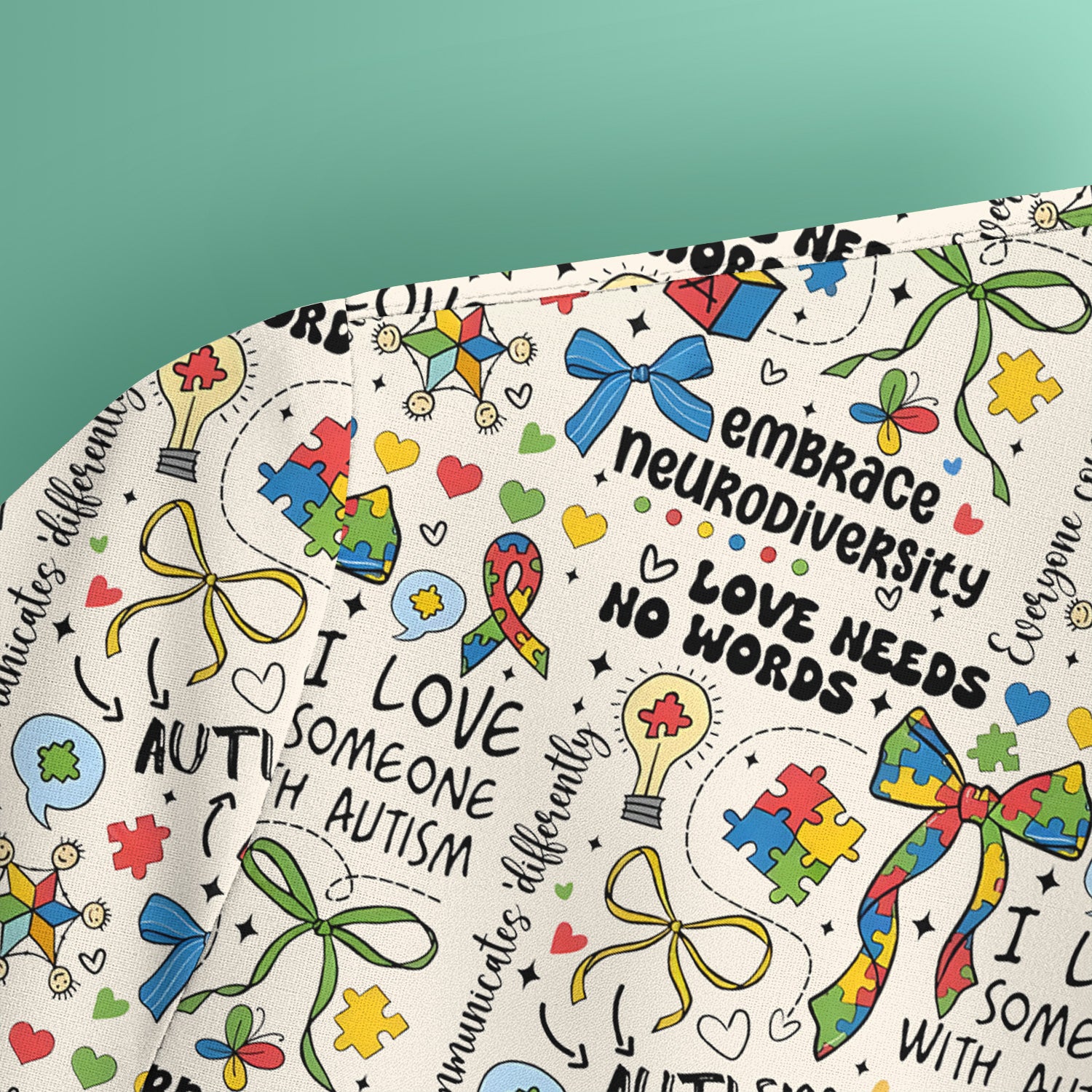 Autism Awareness Puzzle Ribbon Pattern Scrub Top, Breathable Fabrics Nursing Uniform