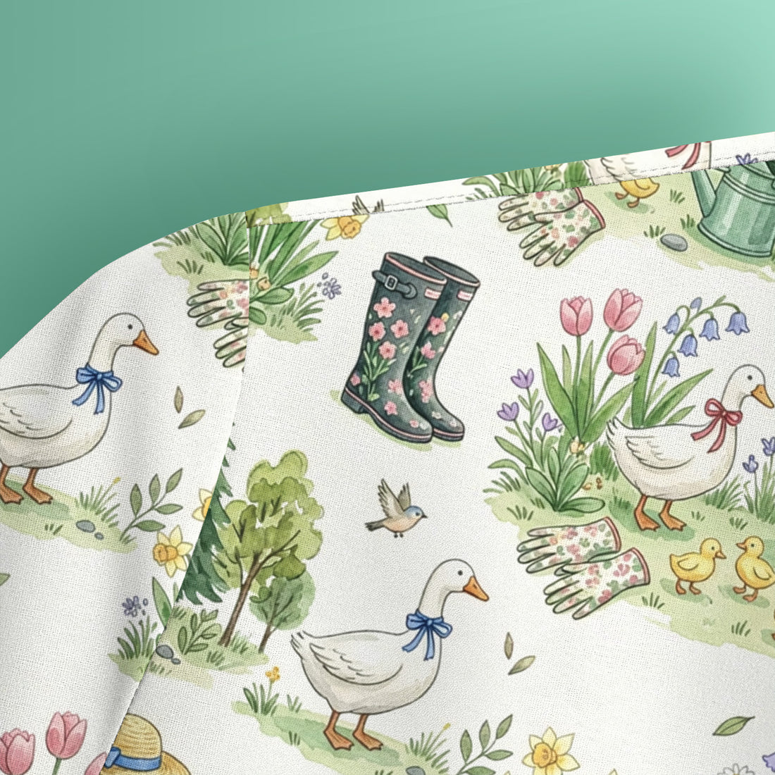 Cute Duck Garden Pattern Scrub Top, Spring Floral Countryside Nursing Uniform