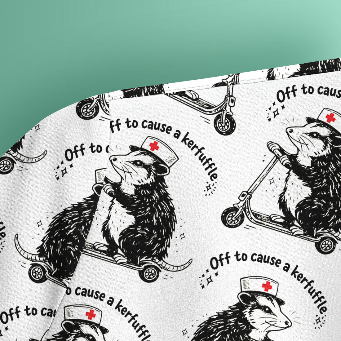 Funny Opossum Nurse Riding Scooter Pattern Scrubs Top, Breathable Fabrics Nursing Uniform