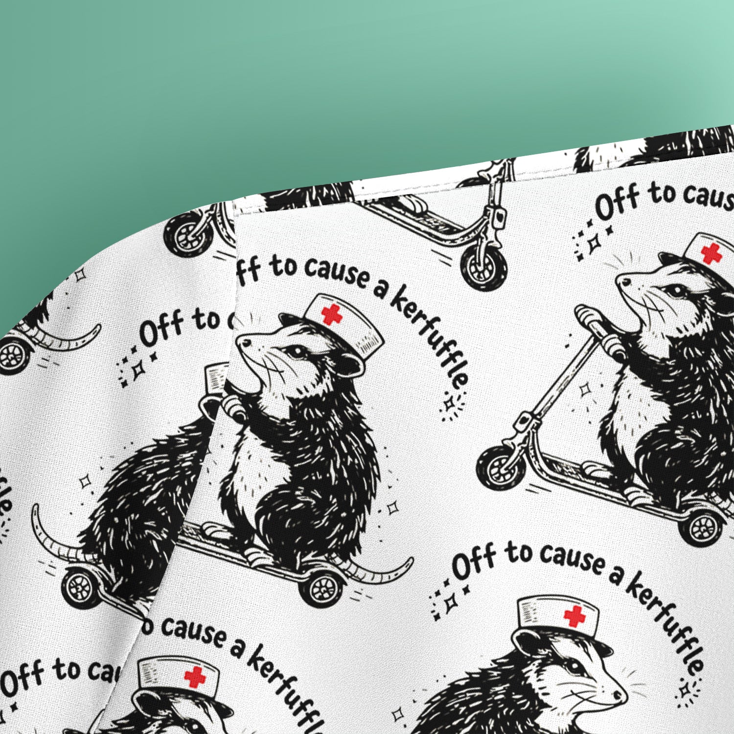 Funny Opossum Nurse Riding Scooter Pattern Scrubs Top, Breathable Fabrics Nursing Uniform