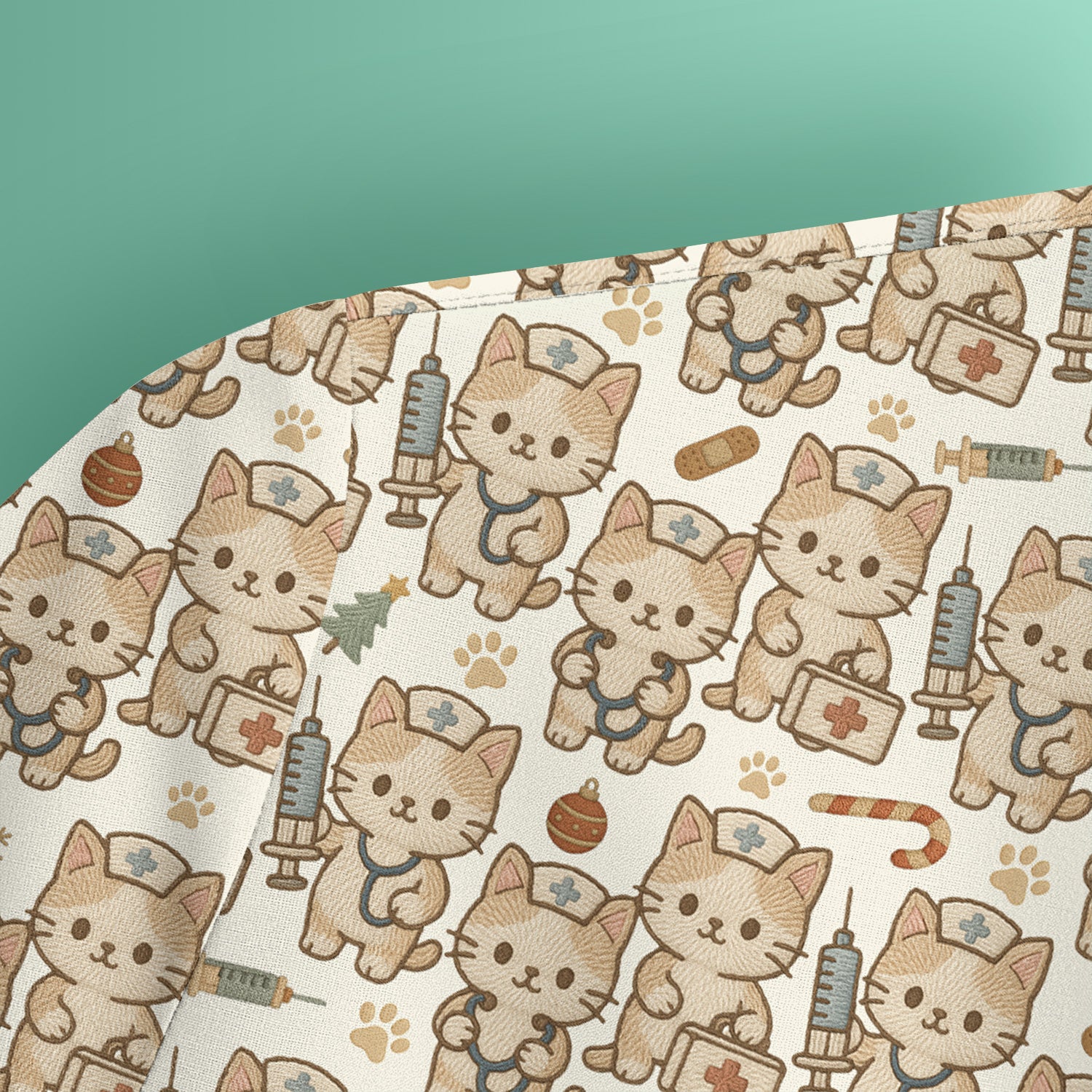 Cute Cat Nurse Christmas Scrub Top, Kawaii Kitty Medical Pattern Shirt, Breathable Fabrics Nursing Uniform