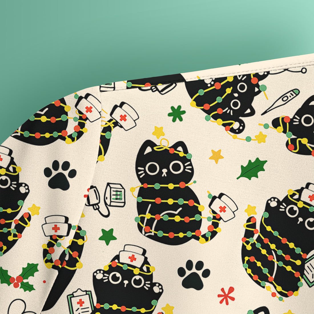 Black Cat Christmas Scrub Top – Nurse & Holiday Lights Pattern Shirt – Cute Medical Uniform For Nursing