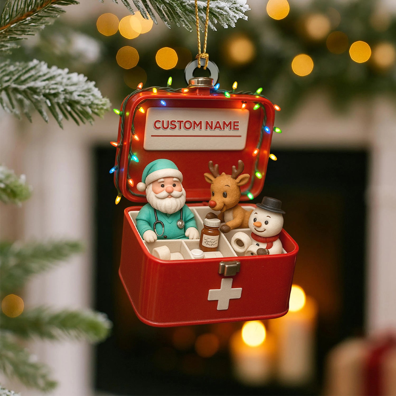 Personalized First Aid Christmas Tree Ornament – Custom Name Medical Santa & Reindeer Holiday Box Decor – Cute Nurse Doctor Ornament for Healthcare Workers