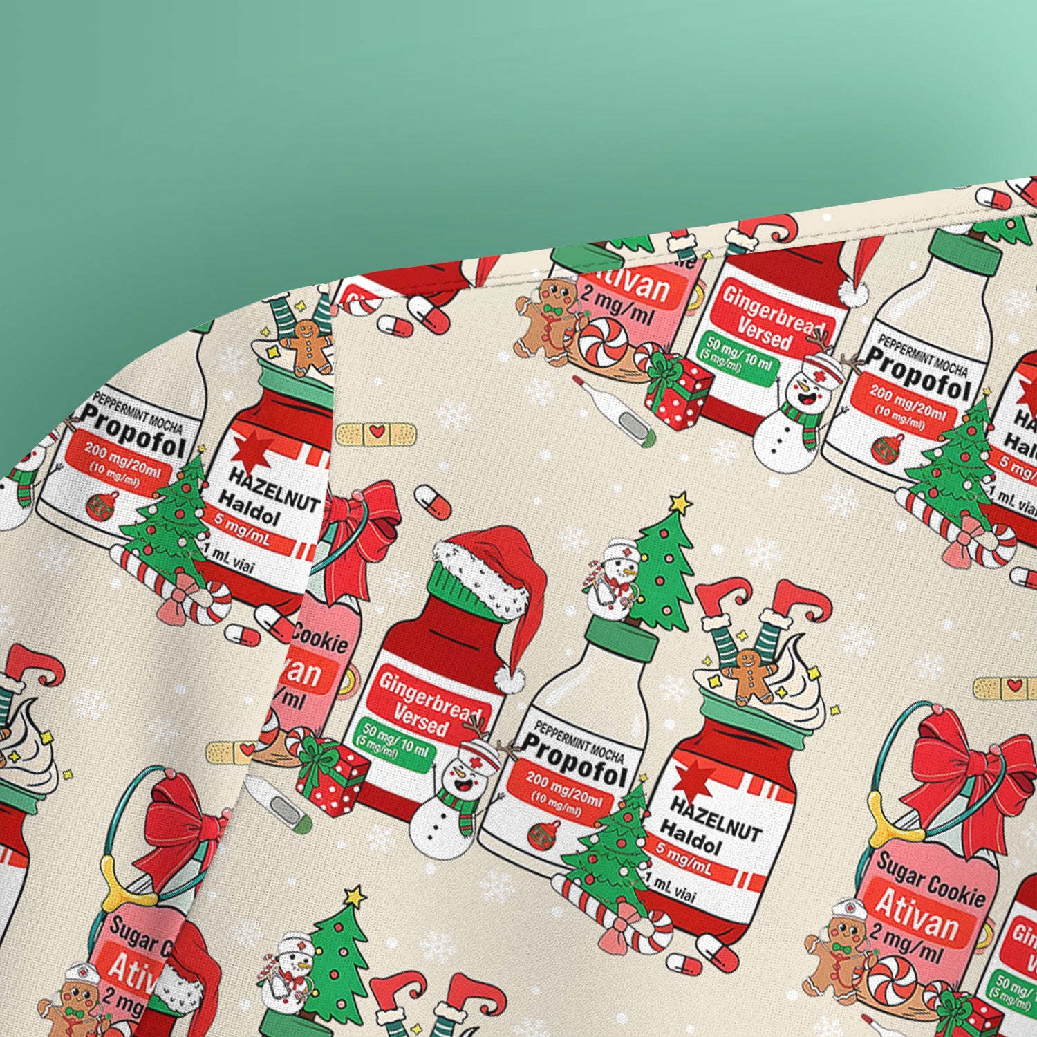 Funny Christmas Medication Scrub Top – Festive Holiday Pharma Bottles Pattern – Playful Medical Uniform for Nurses, Pharmacists & Healthcare Workers