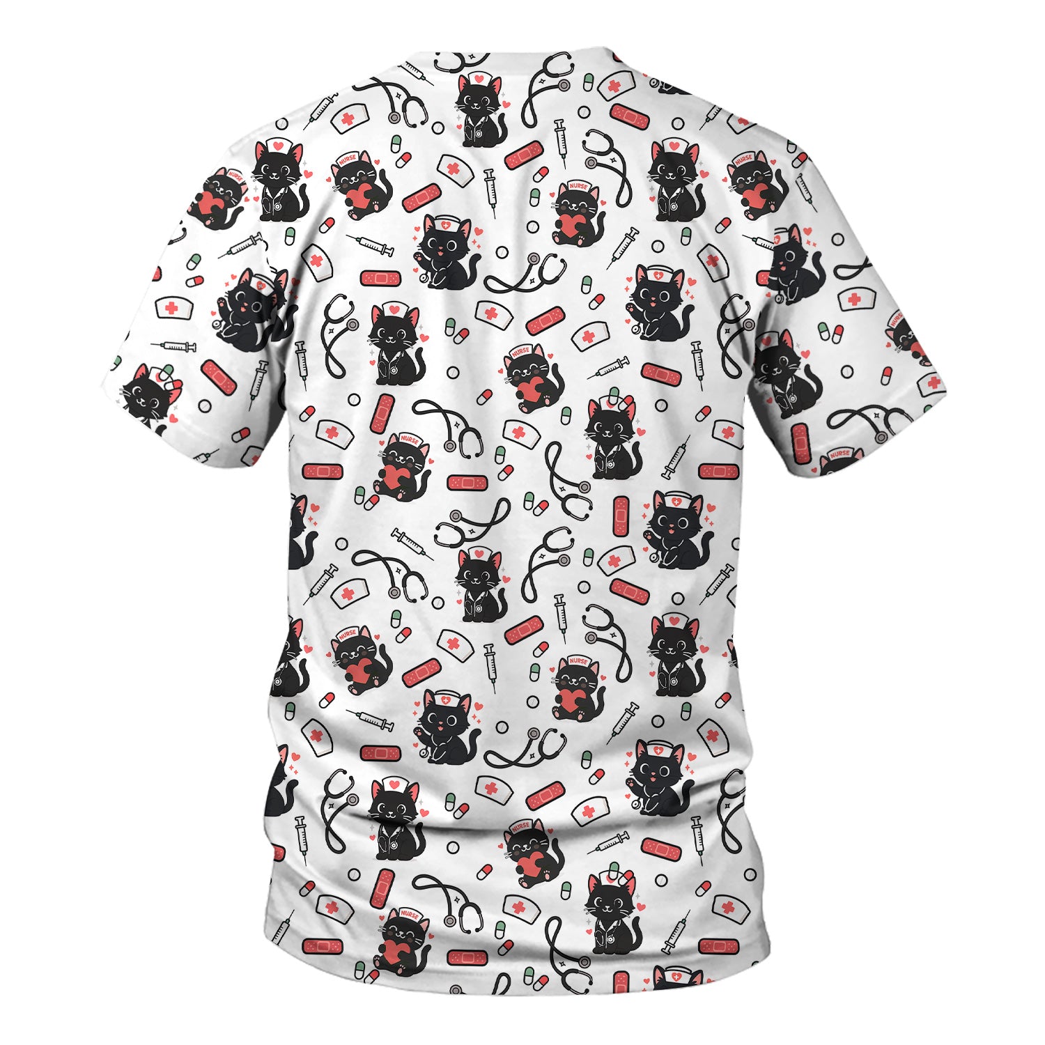 Cute Black Cat Nurse Scrub Top for Women - Medical Uniform Shirt with Stethoscope & Pill Print - Gift for CNA, LPN, Medical Worker