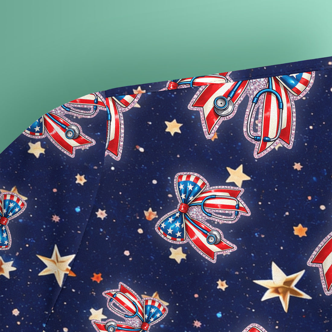 Patriotic Bow Star Print Nurse Scrub Top, Breathable Fabrics Nursing Uniform