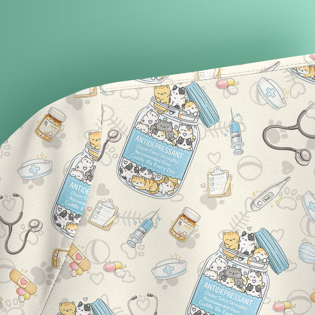 Cute Antidepressant Cat Jar Print Nurse Scrub Top, Breathable Fabrics Nursing Uniform