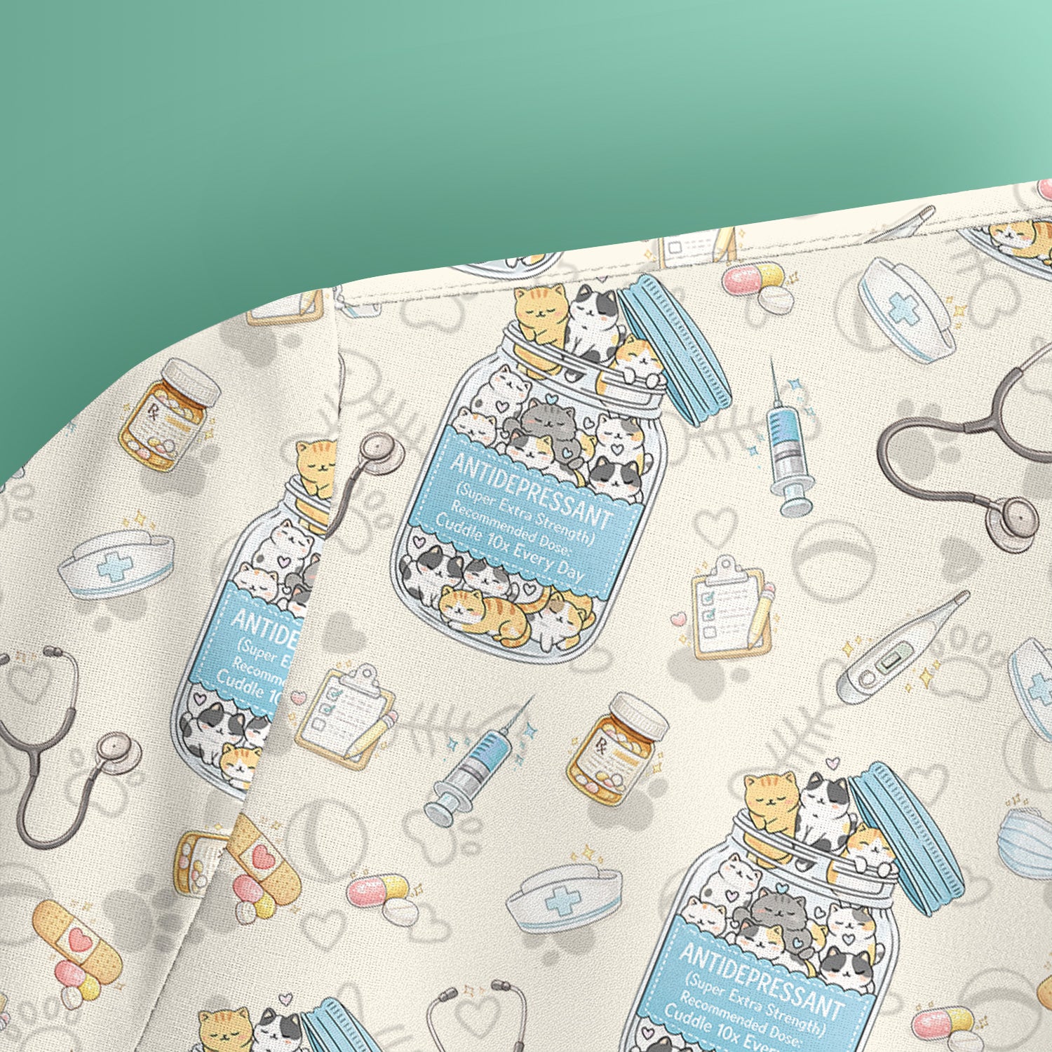 Cute Antidepressant Cat Jar Print Nurse Scrub Top, Breathable Fabrics Nursing Uniform