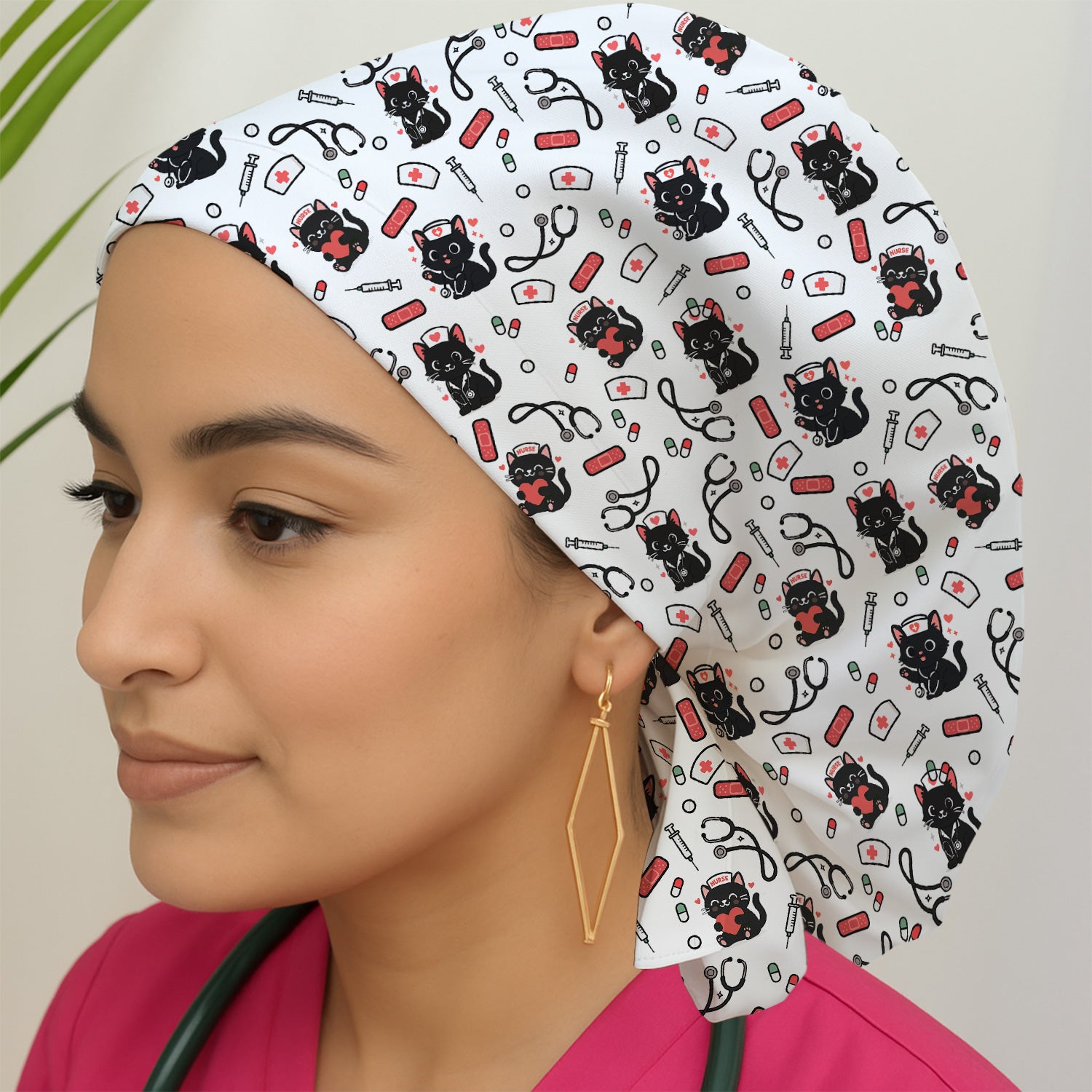 Cute Black Cat Nurse Scrub Cap for Women - Medical Surgical Hat with Stethoscope & Pill Print - Fun Gift for RN CNA LPN