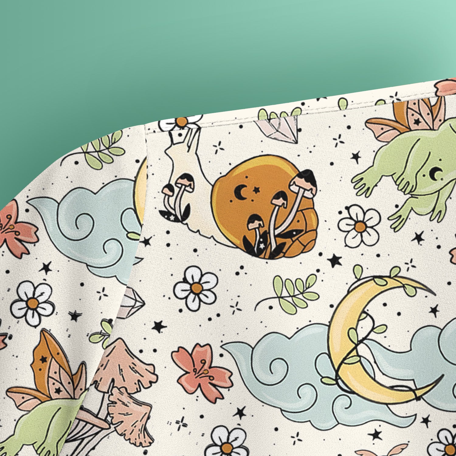 Whimsical Frog Moon Mushroom Pattern Scrub Top, Fantasy Nature Print, Breathable Fabrics Nursing Uniform