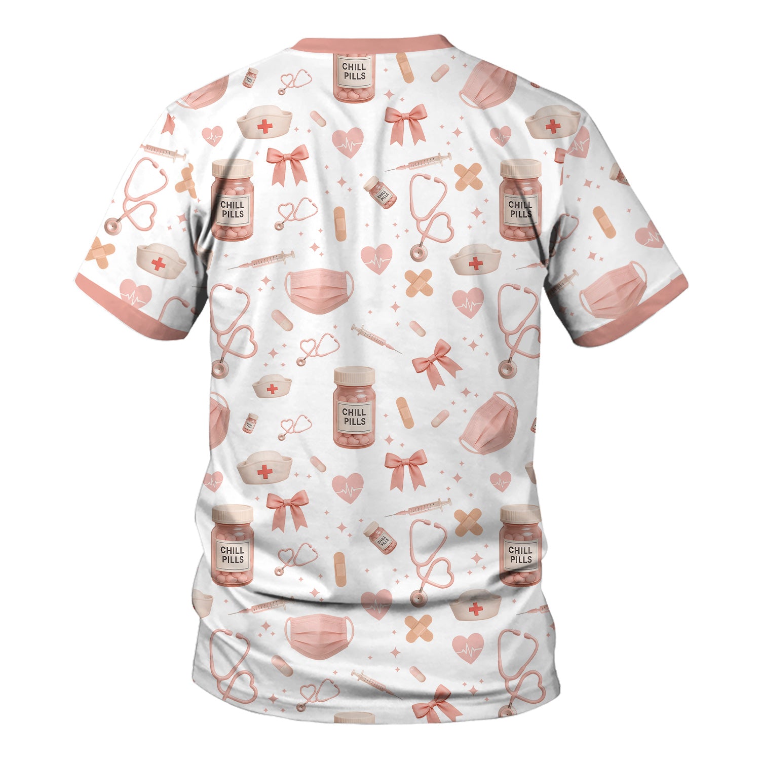 Personalized Cute Nurse Scrub Top - Pink Chill Pills & Medical Icons Pattern - Fun Aesthetic Gift for RN CNA LPN Healthcare Workers