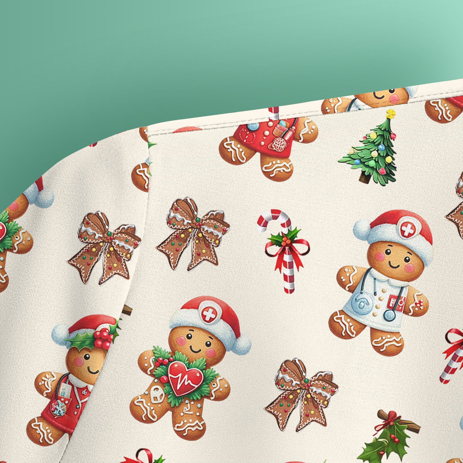 Funny Gingerbread Christmas Scrub Top - Cute Cookie with Bow Shirt - Festive Holiday Scrubs for Women