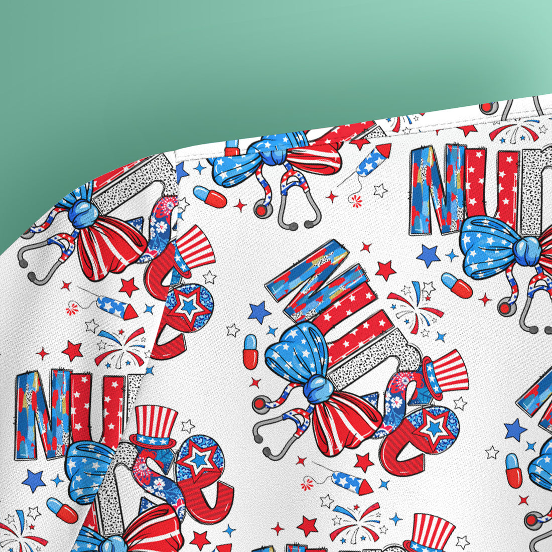 USA Nurse Stethoscope Patriotic Bow Hat Pattern Scrubs Top, Comfortable Scrubs for Nurses