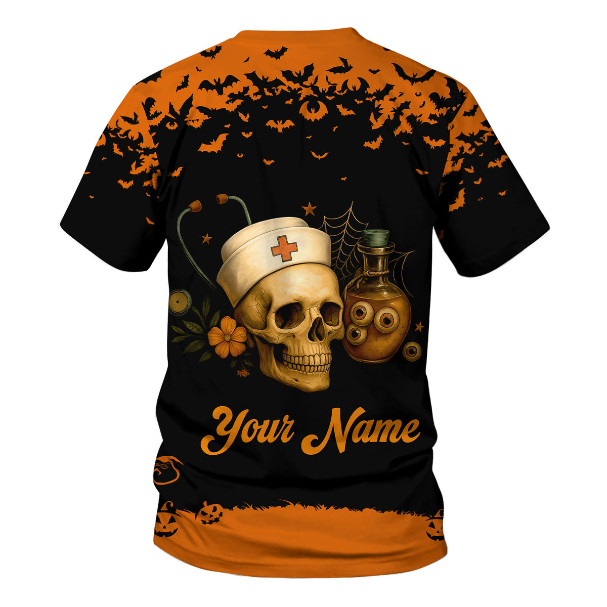 Personalized Halloween Nurse Uniform Top - Custom Name Spooky Witch Costume Inspired Scrub Shirt - Fun Gift for Medical Staff Healthcare Workers