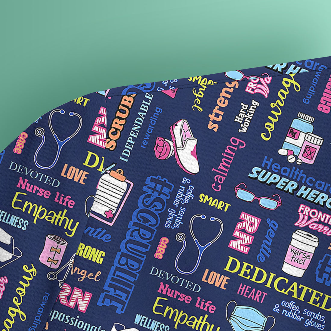 Colorful Nurse Life Typography Print Scrub Top, Breathable Fabrics Nursing Uniform