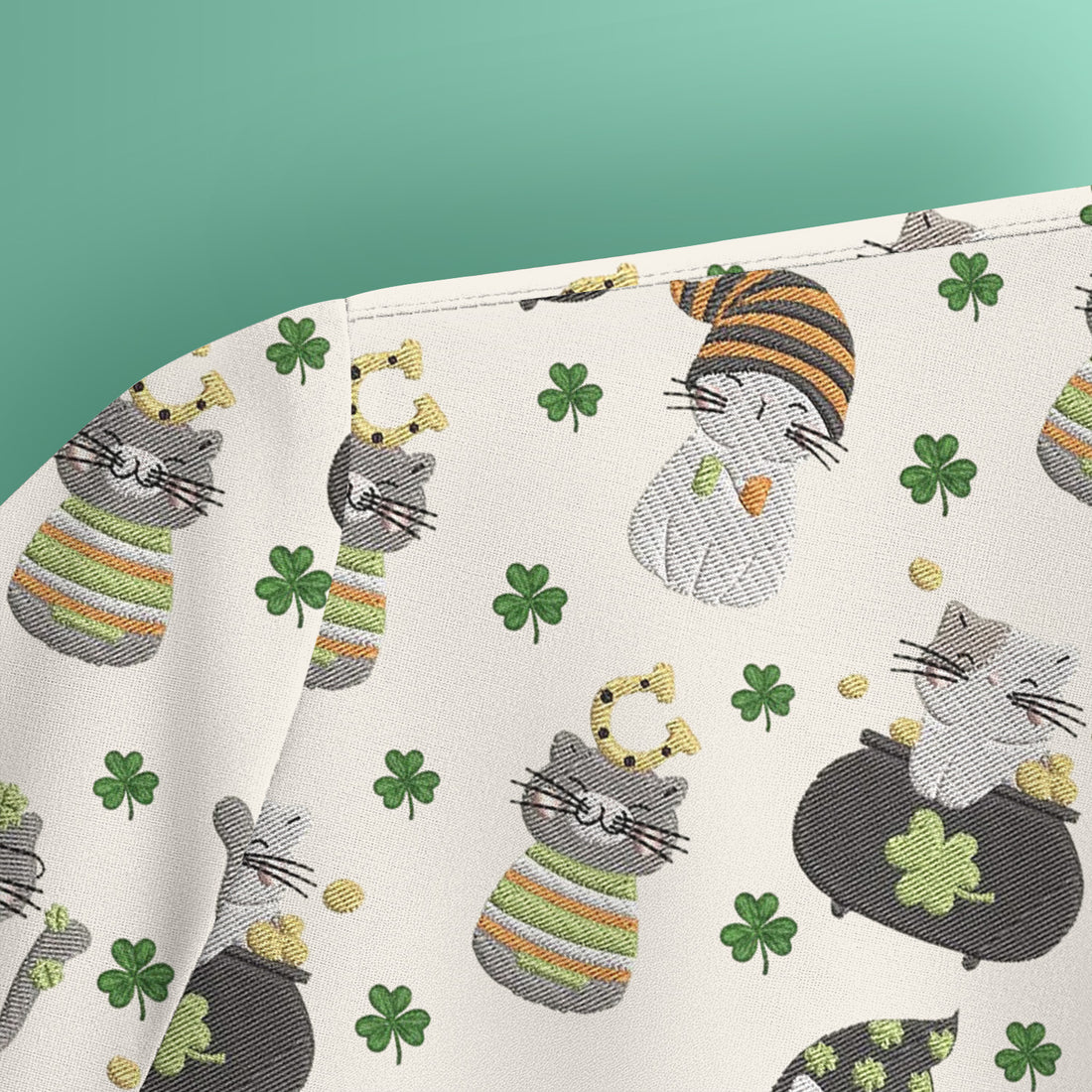 St. Patrick’s Day Scrub Top, Lucky Cat With Shamrock Pattern Shirt, Breathable Fabrics Nursing Uniform