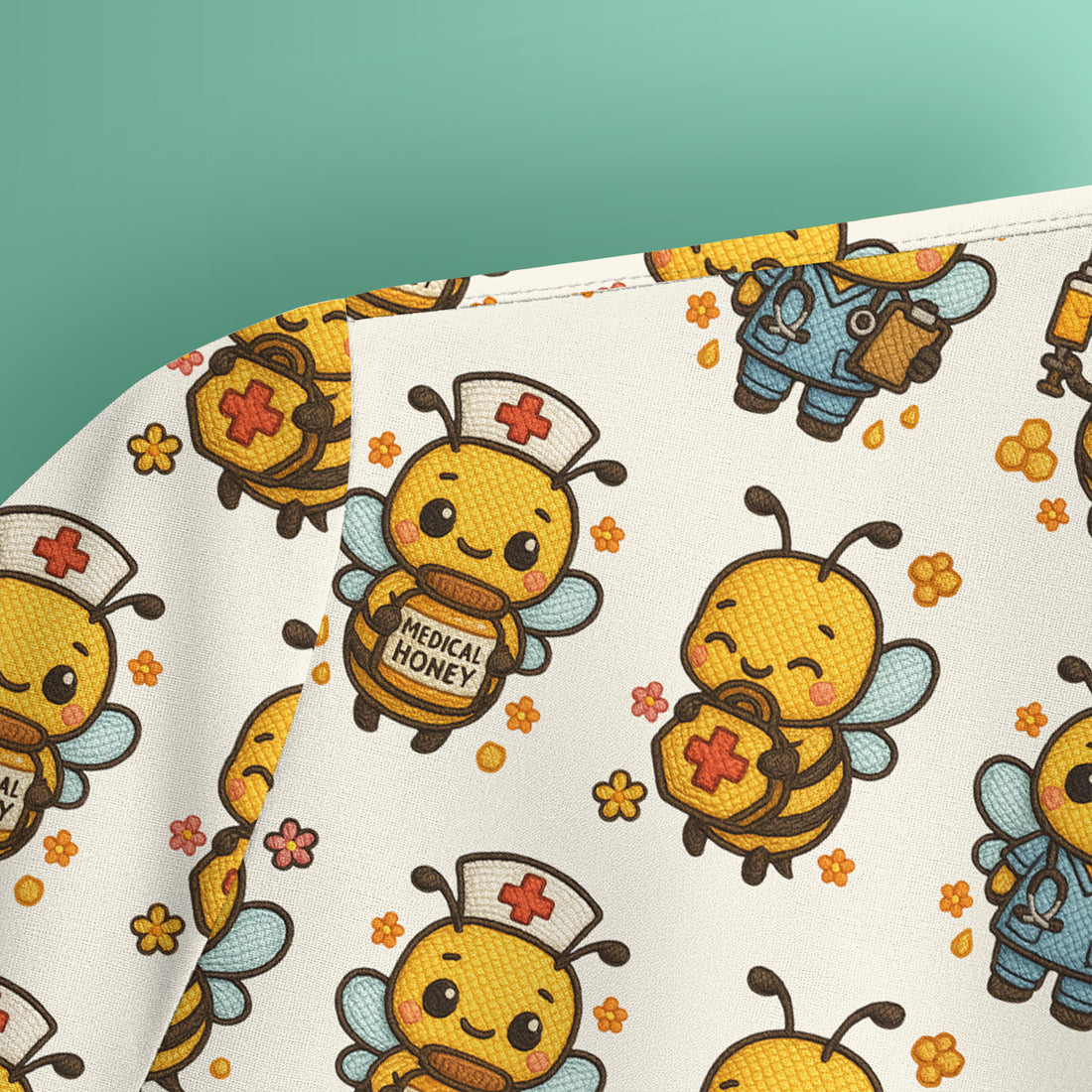 Cute Nurse Bee Scrub Top, Kawaii Medical Honey Bee Pattern Shirt for Nursing Professionals