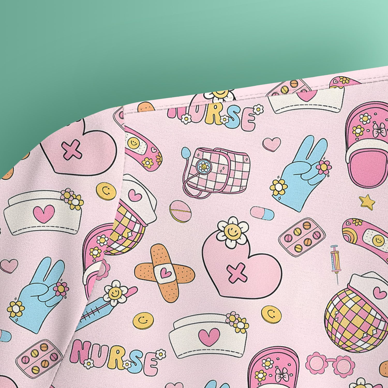 Cute Nurse Pink Medical Tools Pattern Scrub Top, Breathable Healthcare Uniform Top