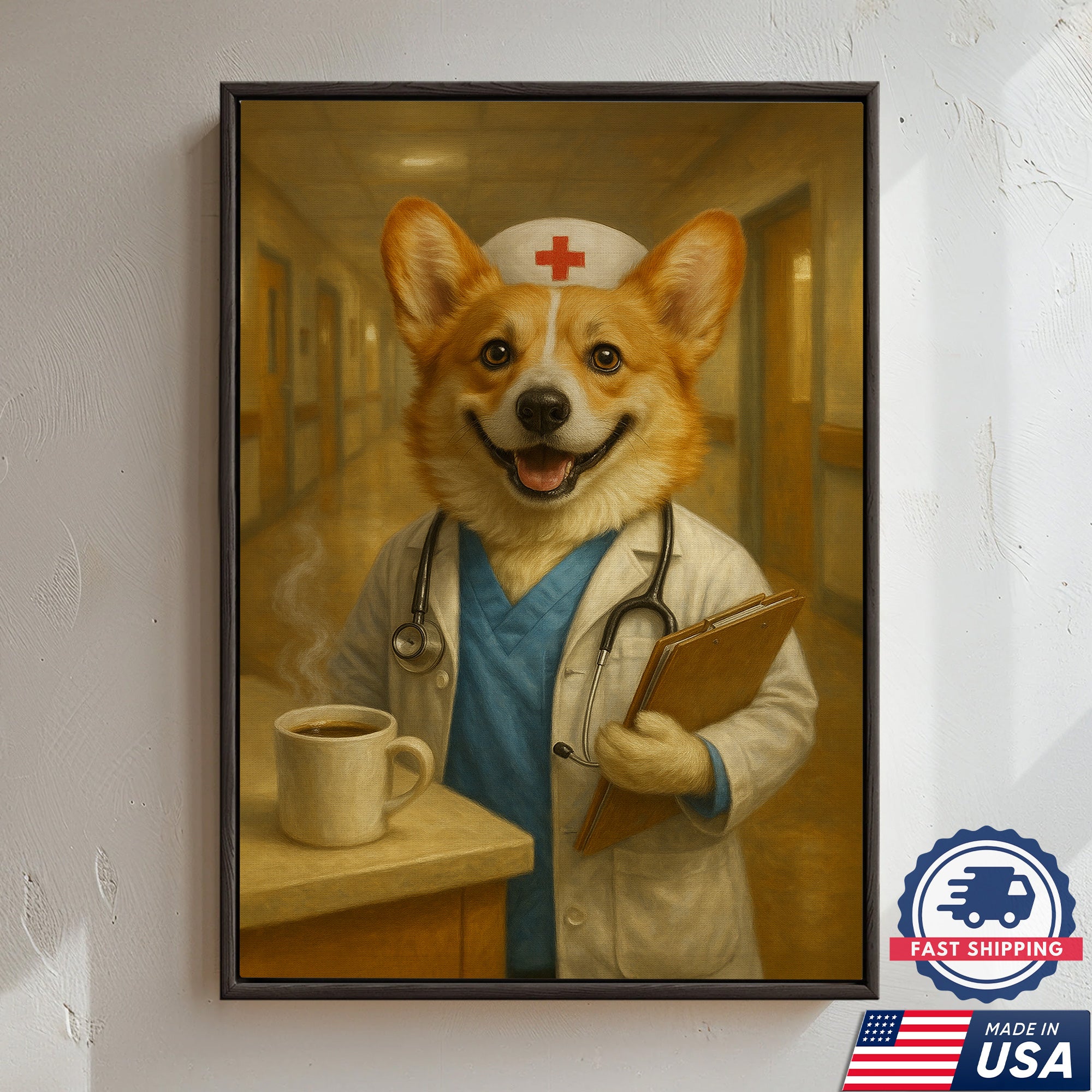 Funny Corgi Nurse Canvas, Cute Nurse Poster Wall Art For Clinic, Nursing Gift For RN, Corgi Nurse Poster