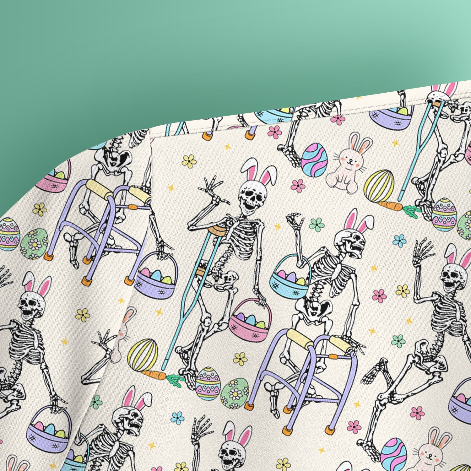 Fun Skeleton Bunny Easter Print Scrub Top, Comfortable Scrubs for Nurses