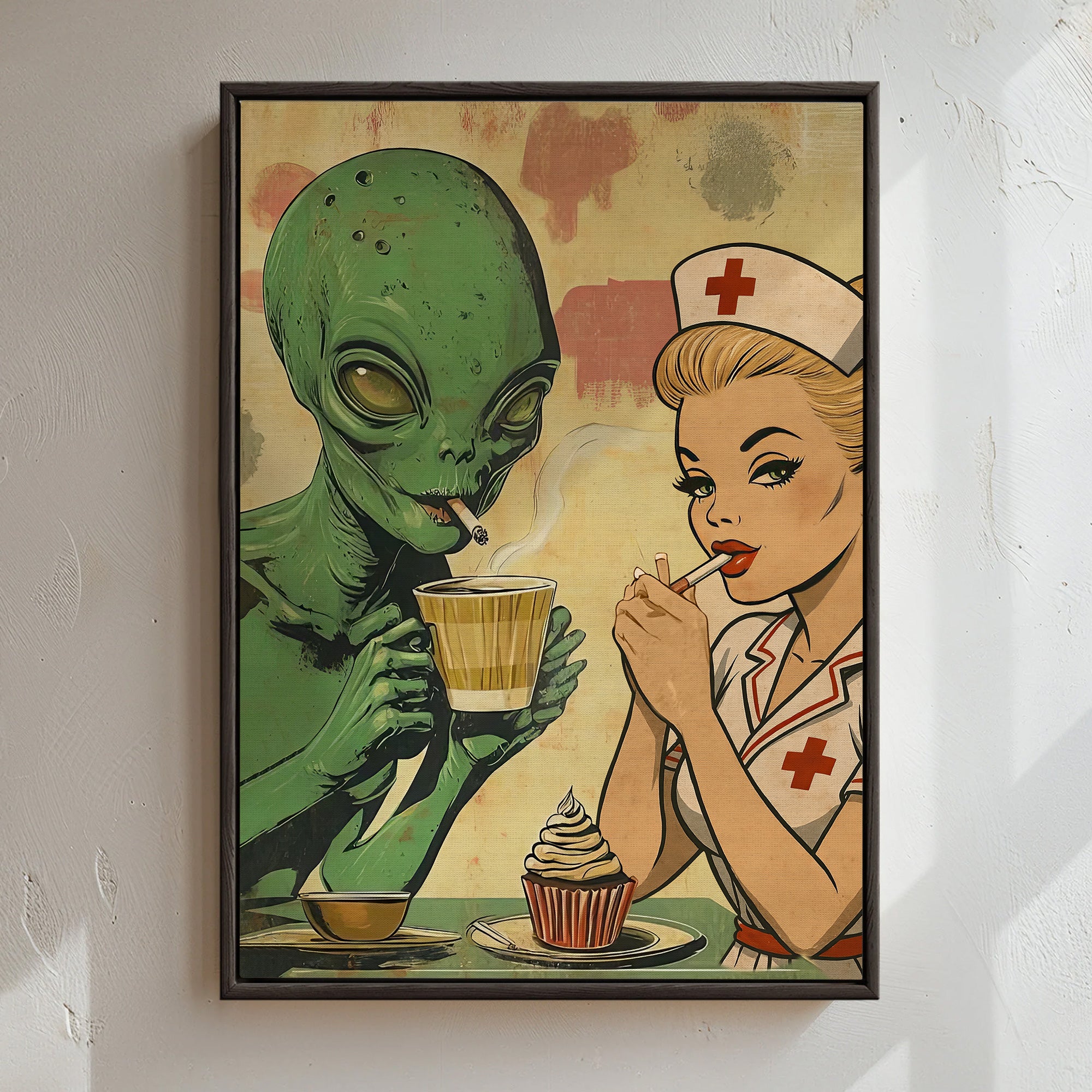 Funny Vintage Nurse & Alien Canvas, Retro Pop Art Smoking & Coffee Time Wall Art, RN LPN CNA Gift