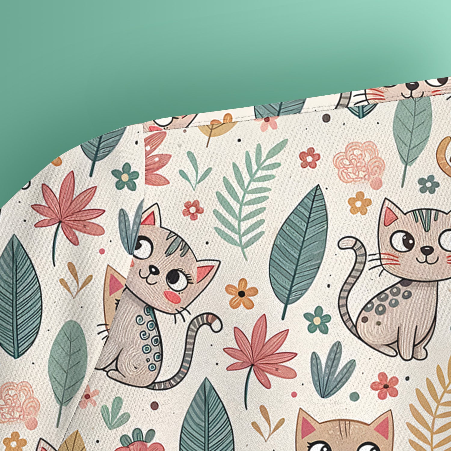 Cute Cartoon Cat Floral Leaf Pattern Scrub Top, Kawaii Kitty Nursing Uniform for Women