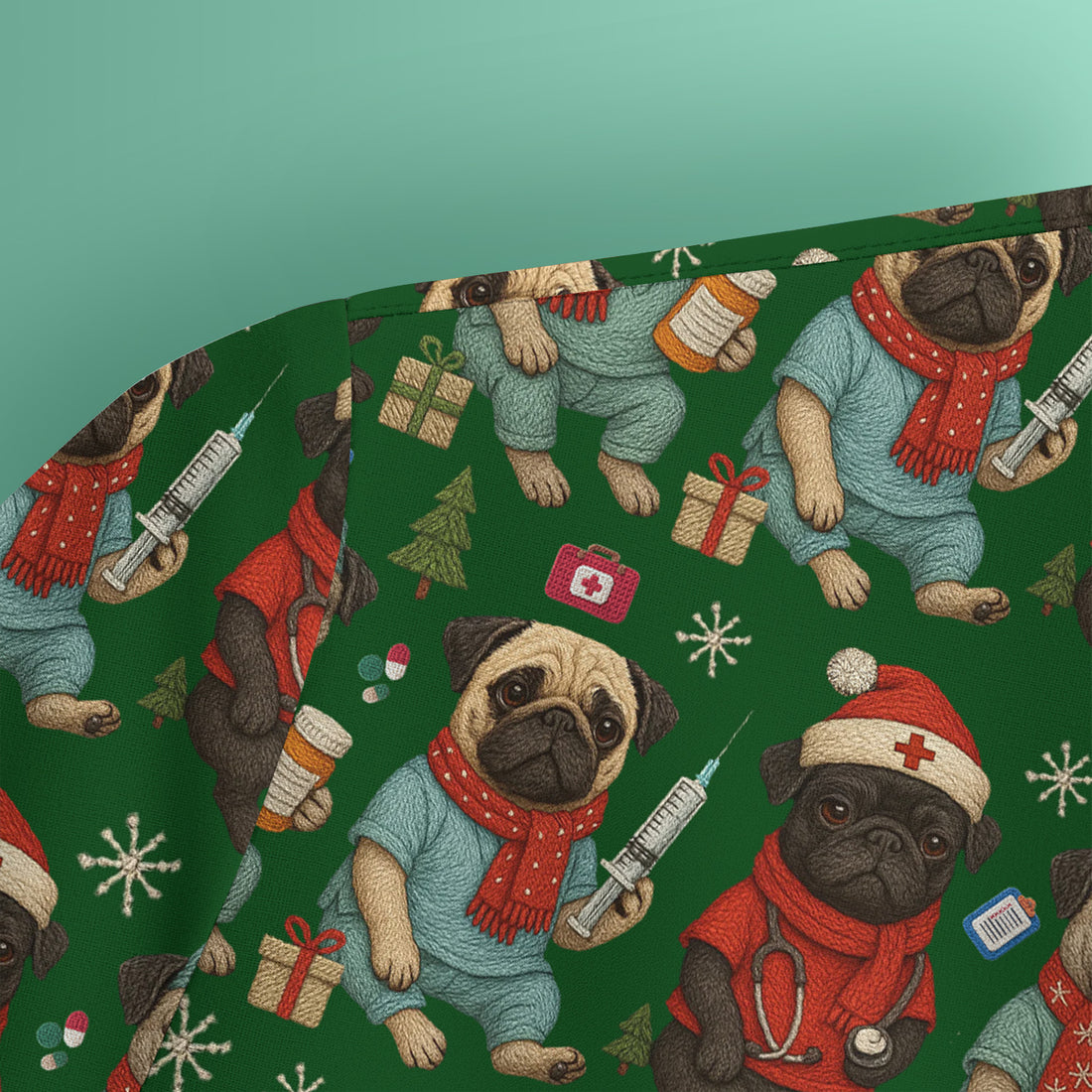 Christmas Pug Nurse Scrub Top, Cute Holiday Dog Medical Uniform Shirt For Nursing