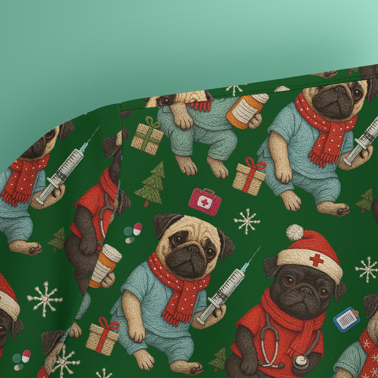 Christmas Pug Nurse Scrub Top, Cute Holiday Dog Medical Uniform Shirt For Nursing
