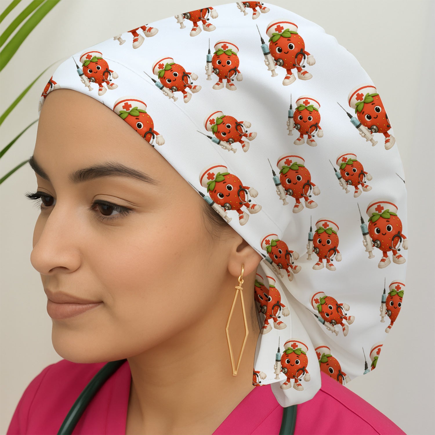 Personalized Cartoon Strawberry Nurse Scrub Cap - Adorable Syringe Medical Print Hat - Fun Nurse Gift for Women & Healthcare Workers