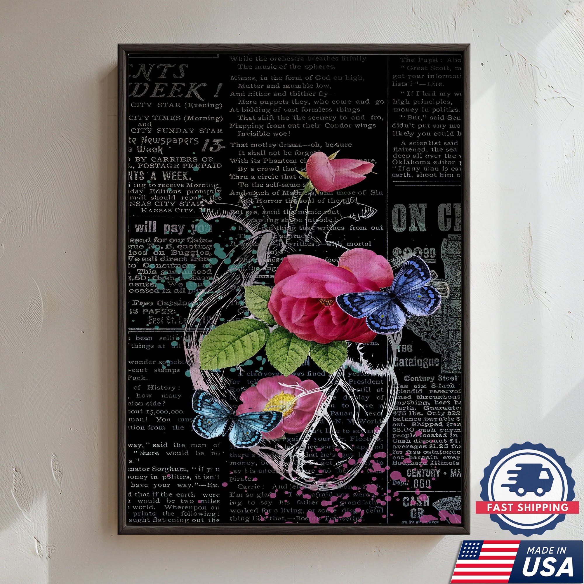 Romantic Rose and Butterfly Canvas, Vintage Newspaper Style, RN LPN CNA Healthcare Workers Gift