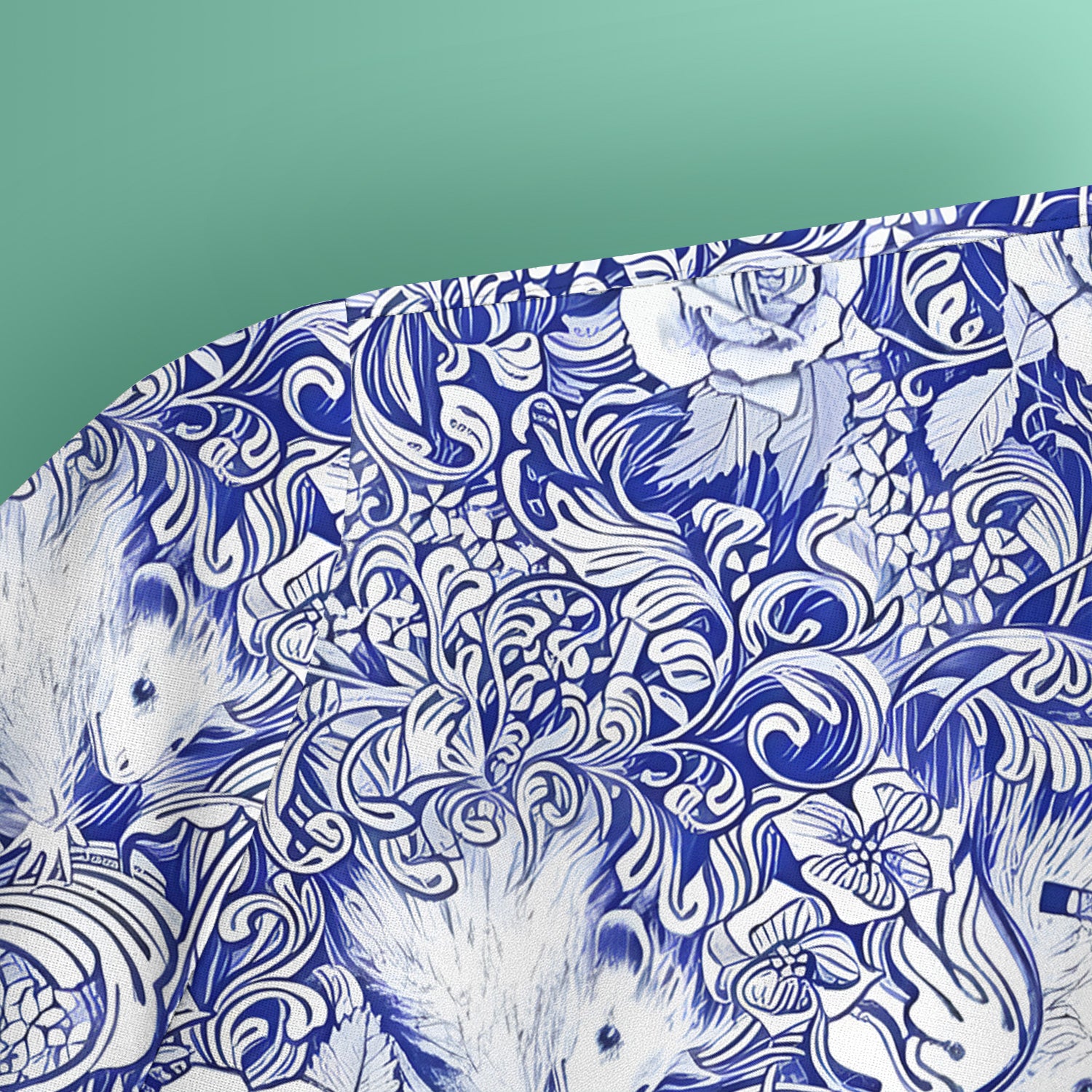 Blue Toile Porcupine Floral Pattern Scrub Top for Women, Breathable Nursing Uniform