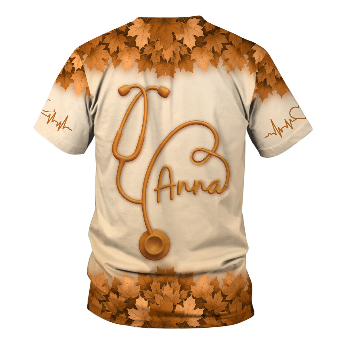 Fall Leaves Nurse Scrub Top with Pumpkins - Personalized Autumn Shirt with Custom Name - Cute Thanksgiving Gift for RN CNA LPN