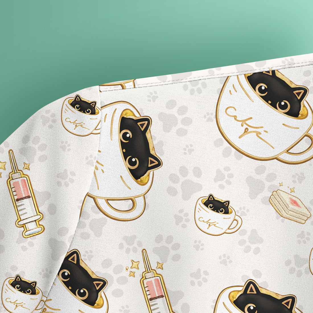 Cute Coffee Cat Medical Print Scrub Top, Breathable Fabrics Nursing Uniform