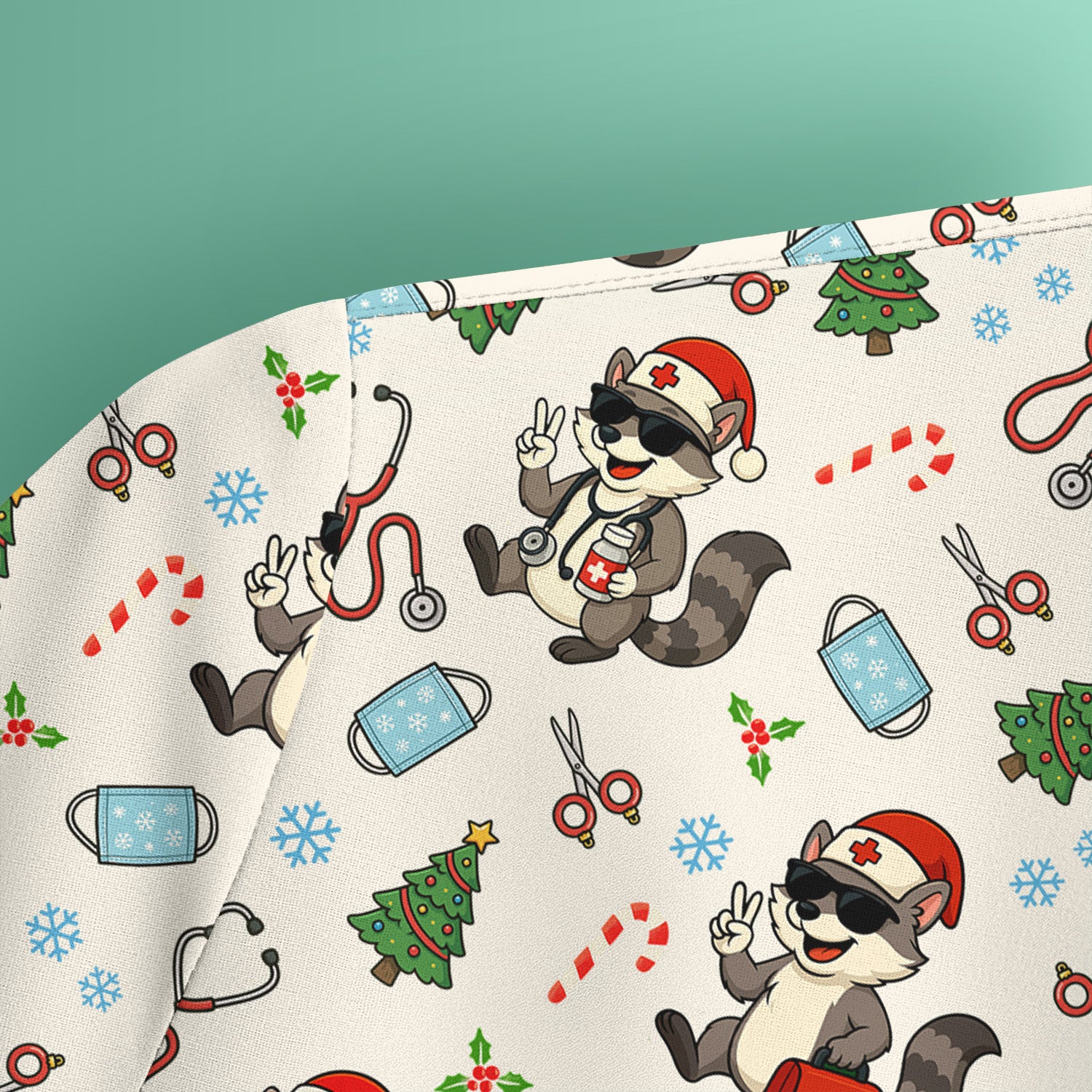 Christmas Scrub Top for Nurses - Funny Raccoon and Medical Tools Pattern - Festive Holiday Nurse Scrubs Shirt Gift for Women RN LPN CNA