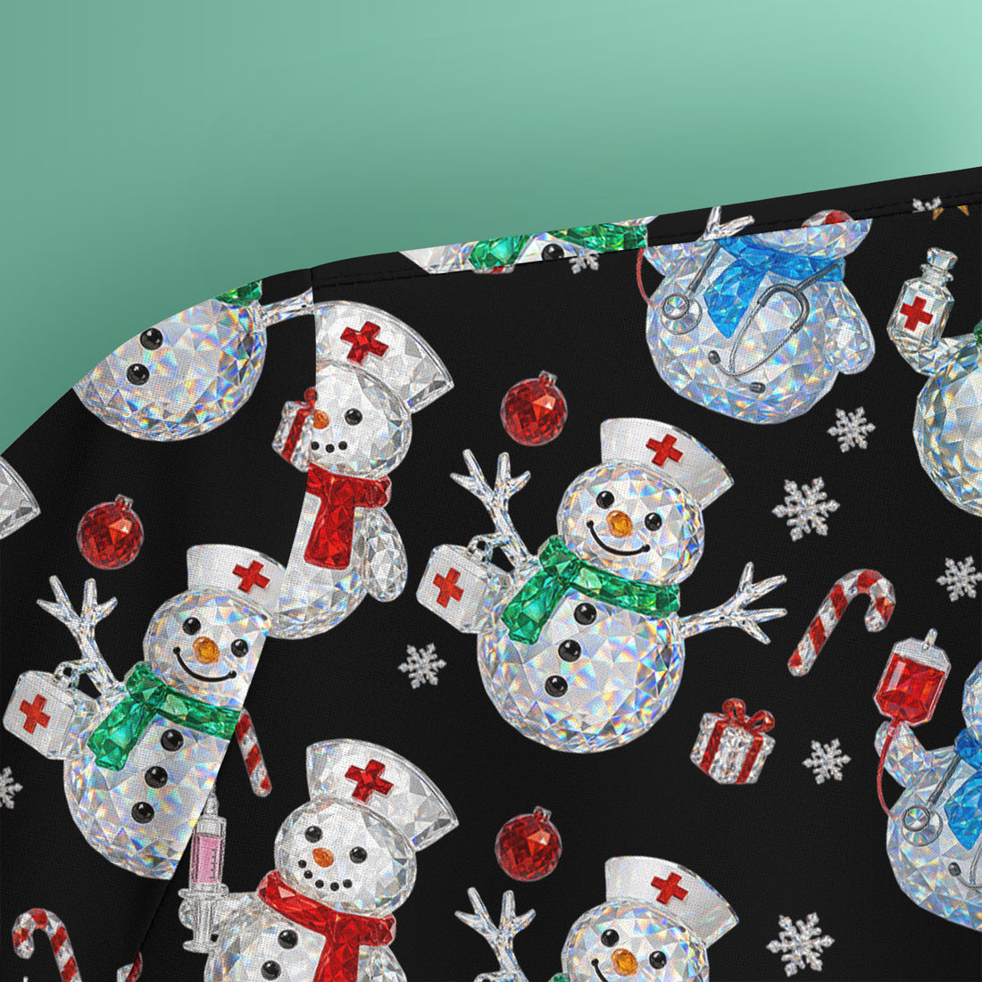 Nurse Snowman Christmas Scrub Top, Cute Holiday Medical Pattern Shirt For Women, Winter Snowflake Nursing Uniform