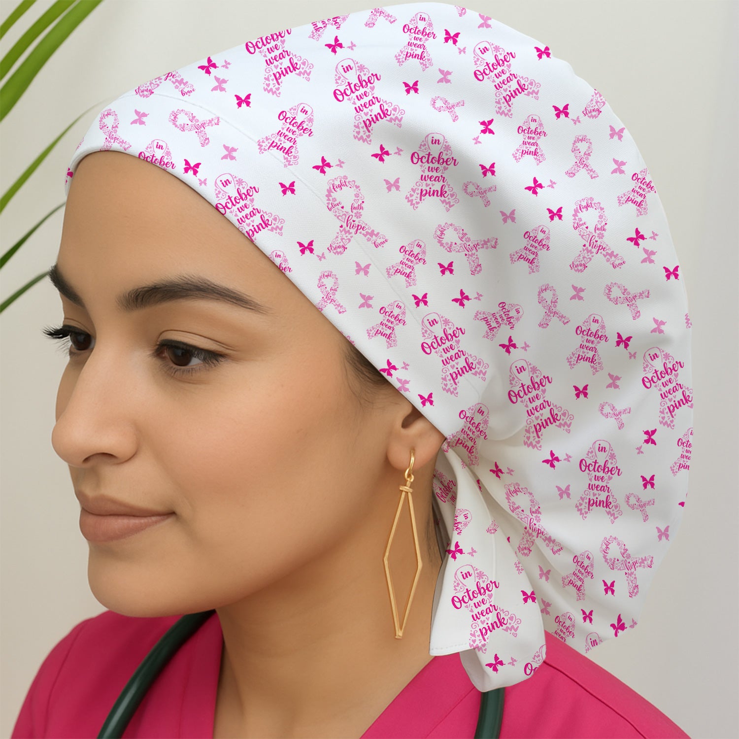 Custom October Scrub Cap with Pink Ribbon Print - Inspiring Breast Cancer Awareness Design - Gift for CNA, LPN, Medical Worker