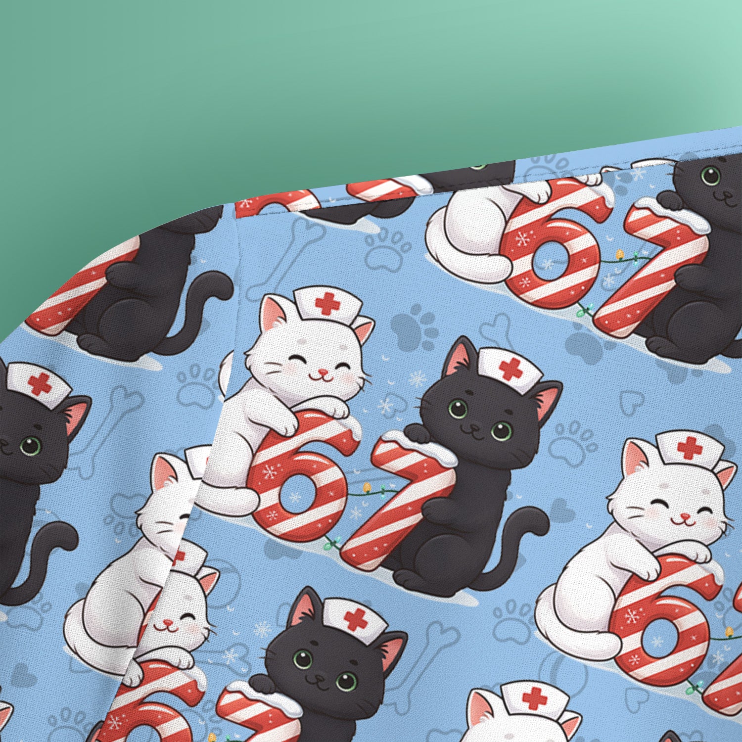Xmas Cat Pattern Scrub Top, Christmas Nurse Six Seven With Cat Scrub Shirt, Breathable Fabrics Nursing Uniform