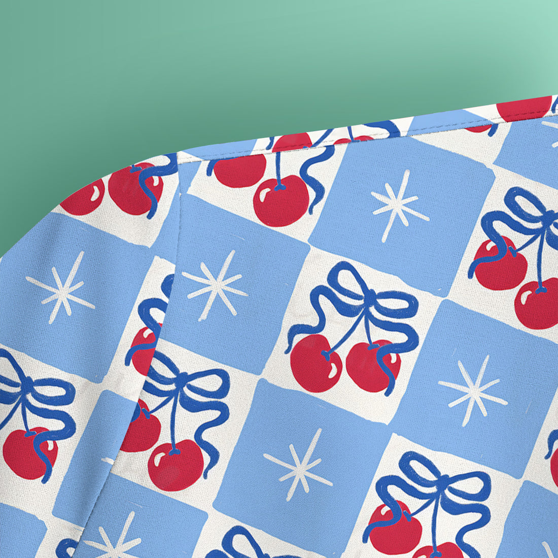 Cute Cherry Bow With Blue Gingham Check Pattern Scrub Top, Comfortable Scrubs for Nurses