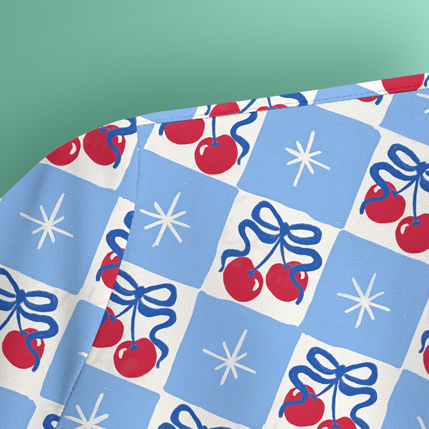 Cute Cherry Bow With Blue Gingham Check Pattern Scrub Top, Comfortable Scrubs for Nurses