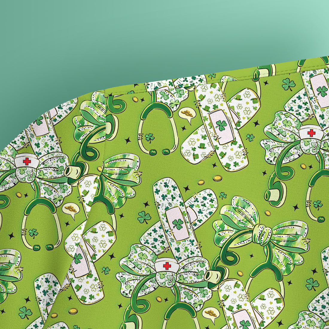 St Patrick Shamrock Stethoscope Bow Print Scrub Top, Breathable Fabrics Nursing Uniform