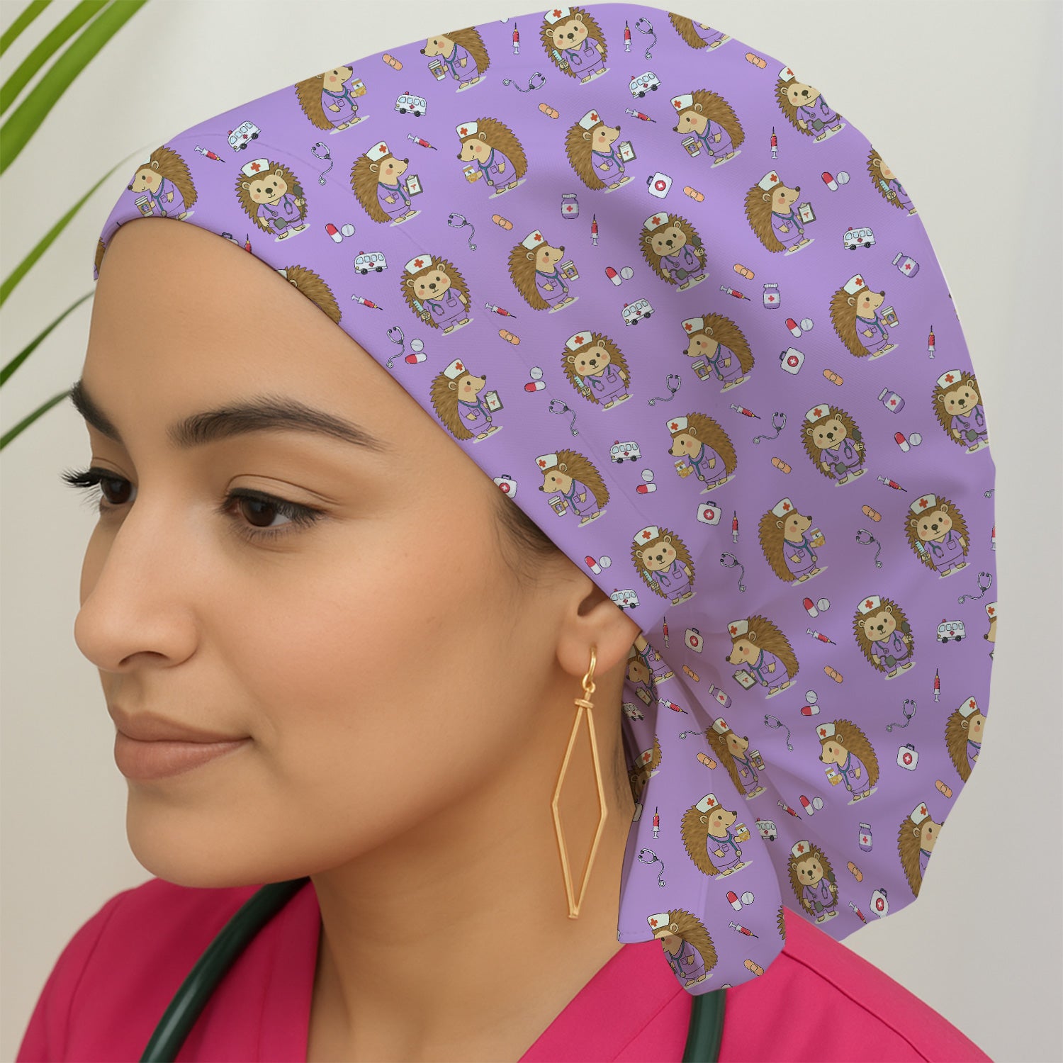 Cute Nurse Animal Scrub Cap - Cute Hedgehog with Coffee & Stethoscope Design - Gift for Healthcare Workers & Vet Techs