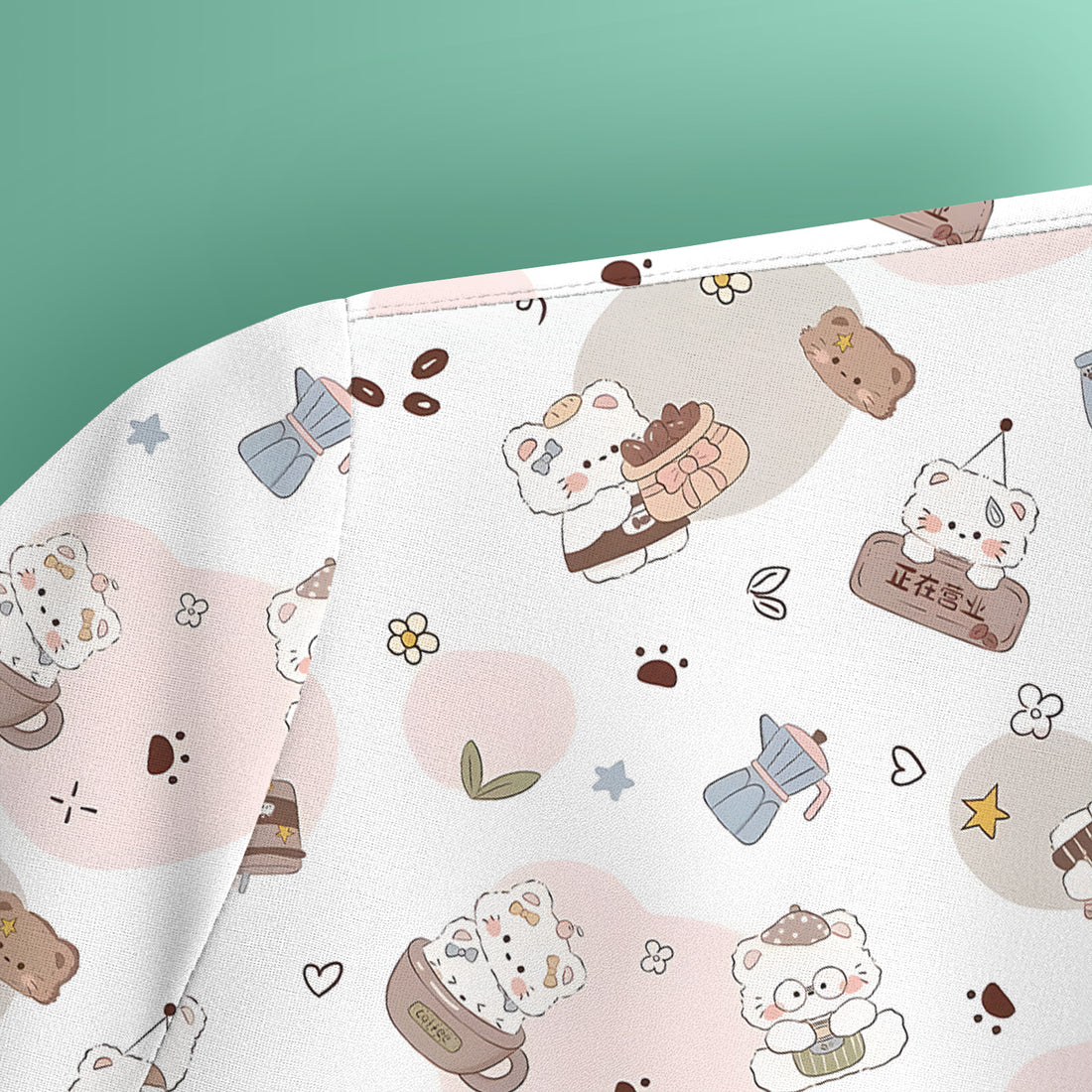 Cute Cat With Coffee Paw Heart Pattern Scrub Top, Comfortable Scrubs for Nurses